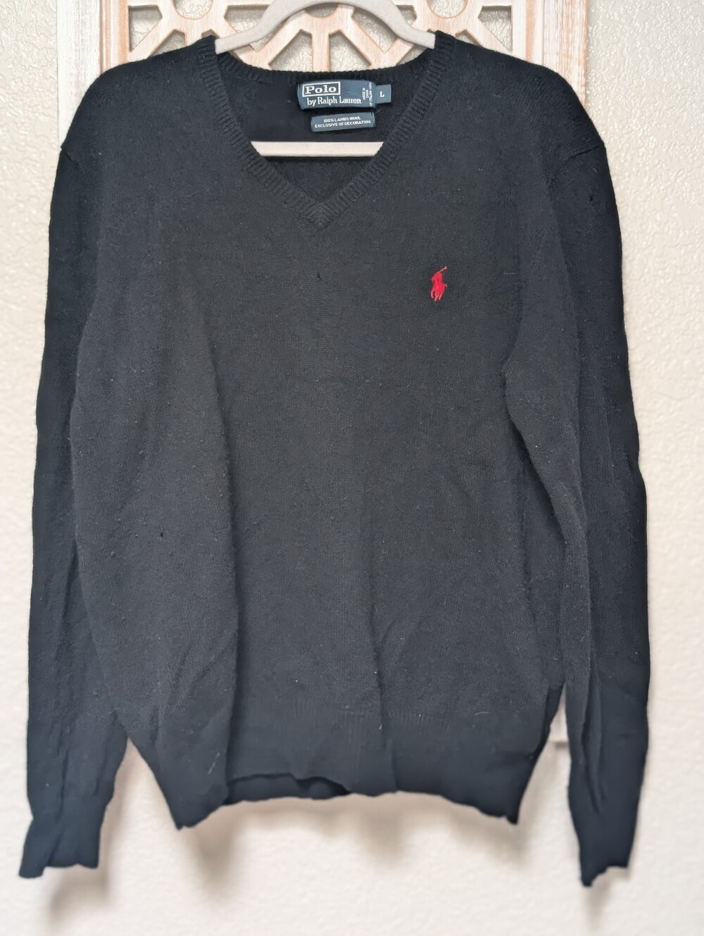 Polo Ralph Lauren 100% Lambs Wool Knit Black Sweater Mens LG FLAWS HOLES
